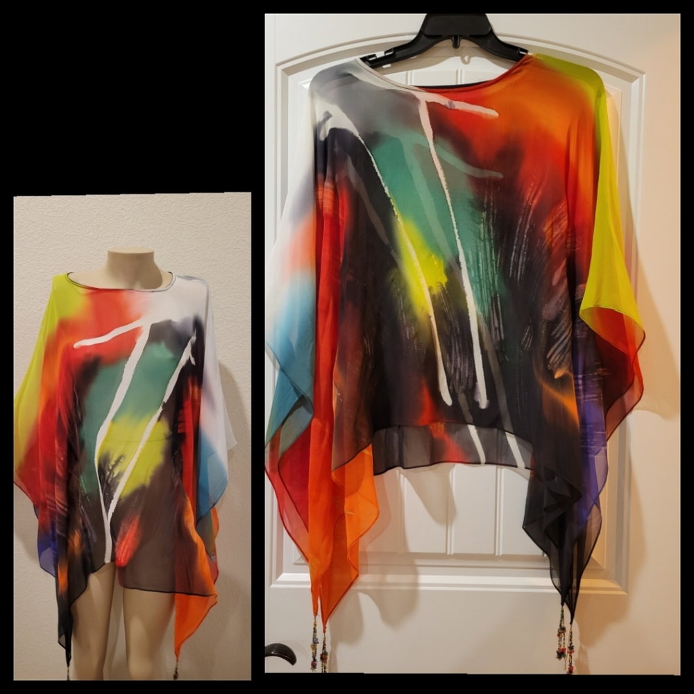Sheer brilliant gold artful beads pullover cape shawl osfm